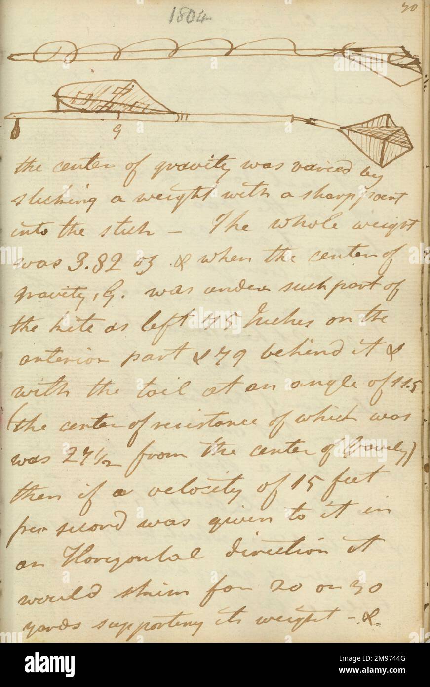 Modellgleiter; ein Drachen, der an einer Stange montiert ist (mit einem Gewicht darunter), und eine kreuzförmige Schwanzeinheit, die durch ein Kreuzgelenk befestigt ist. 1804. Aus Cayleys Original-Notizbuch. Stockfoto