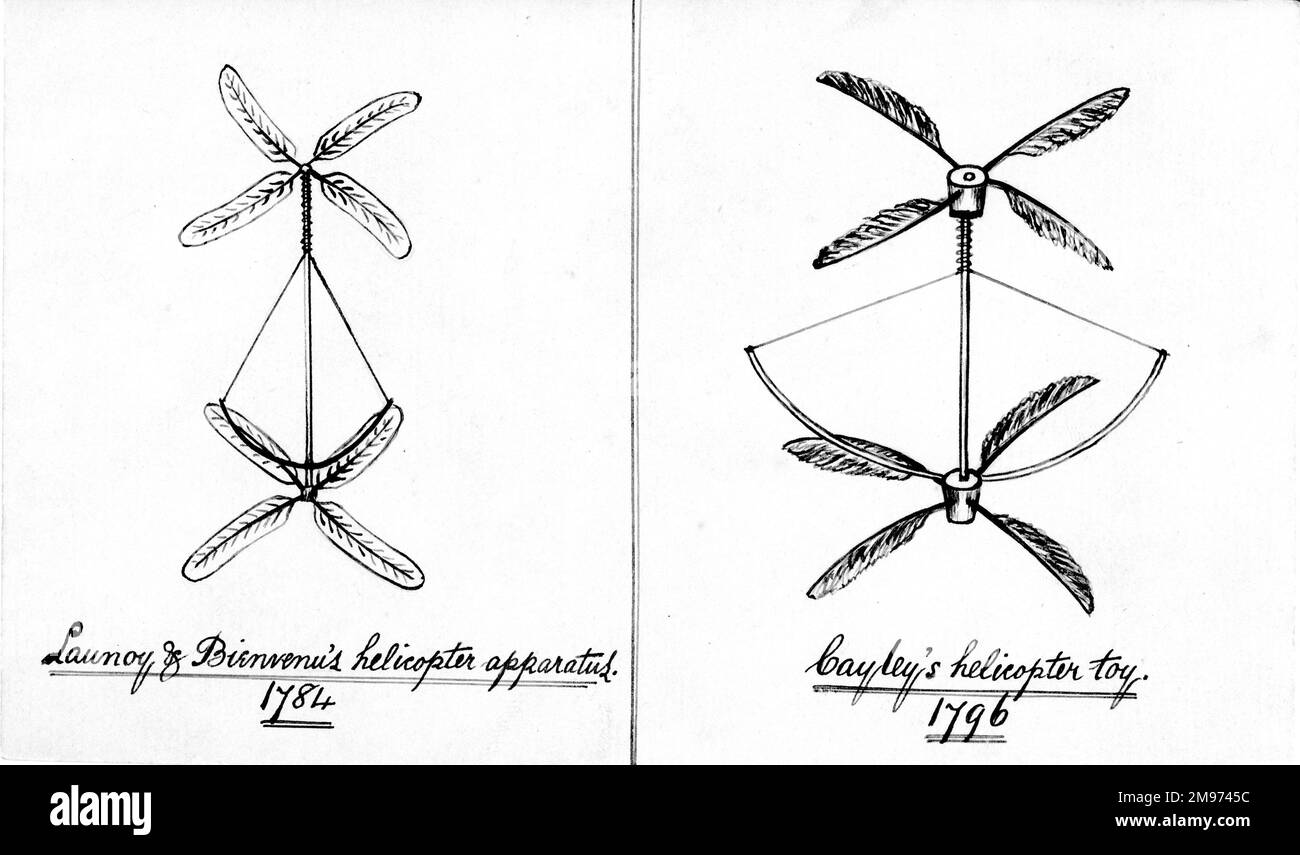 Rechts: Das Hubschraubermodell von George Cayley aus dem Jahr 1796: Die gegenläufigen Rotoren sind Federn, die in Korken stecken und von einer Bogenschnur bedient werden. Es handelt sich um eine Variante der Modelle, die 1784 von Launoy und Bienvenu (links) hergestellt wurden. Stockfoto