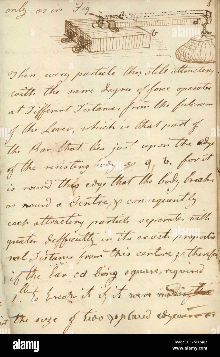 Prüfung der Festigkeit einer Holzhobel. 1795. Aus Cayleys Original-Notizbuch. Stockfoto