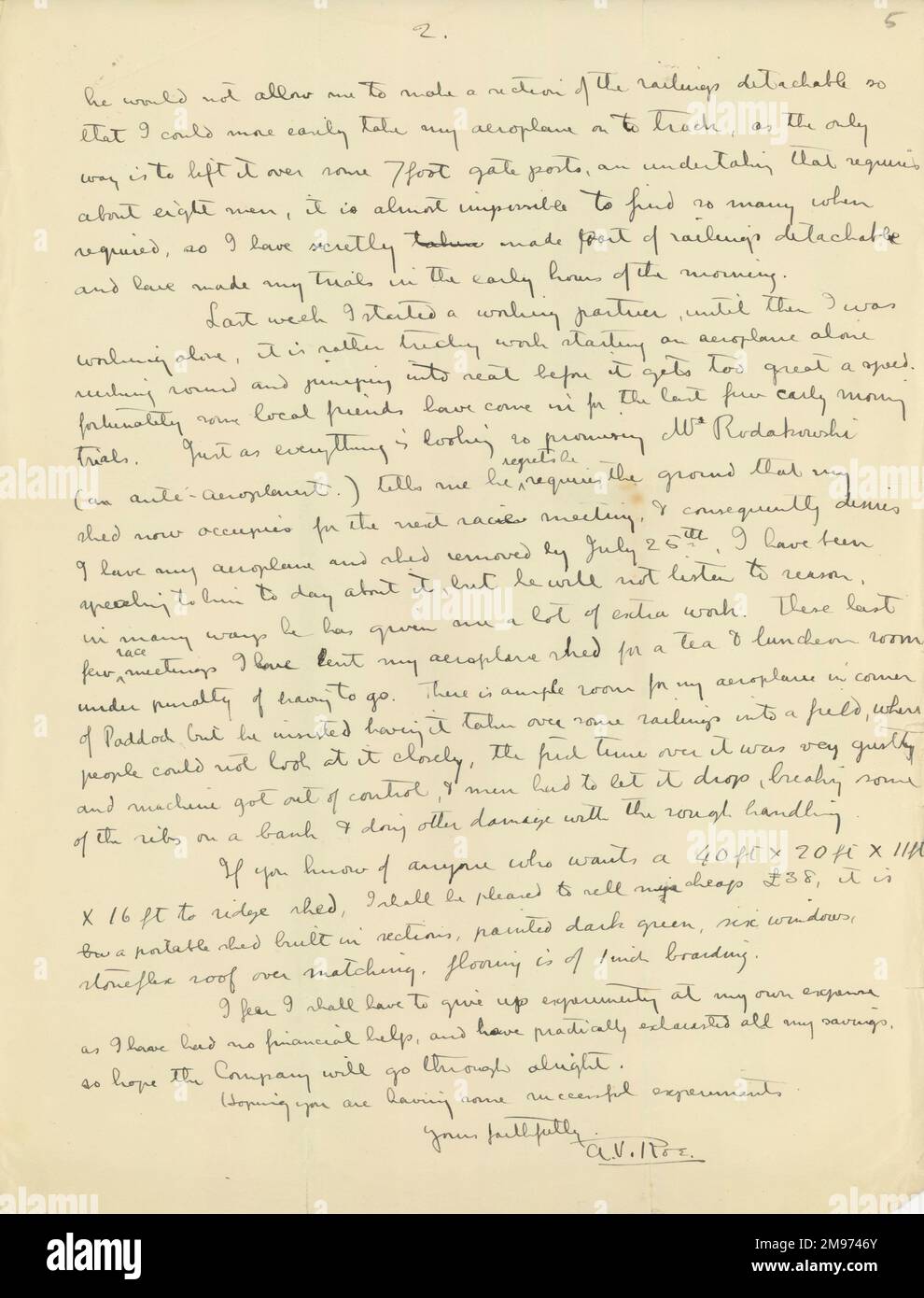 Seite zwei eines Briefes von A.V. Roe an Major Baden-Powell vom 16. Juli 1908. Stockfoto