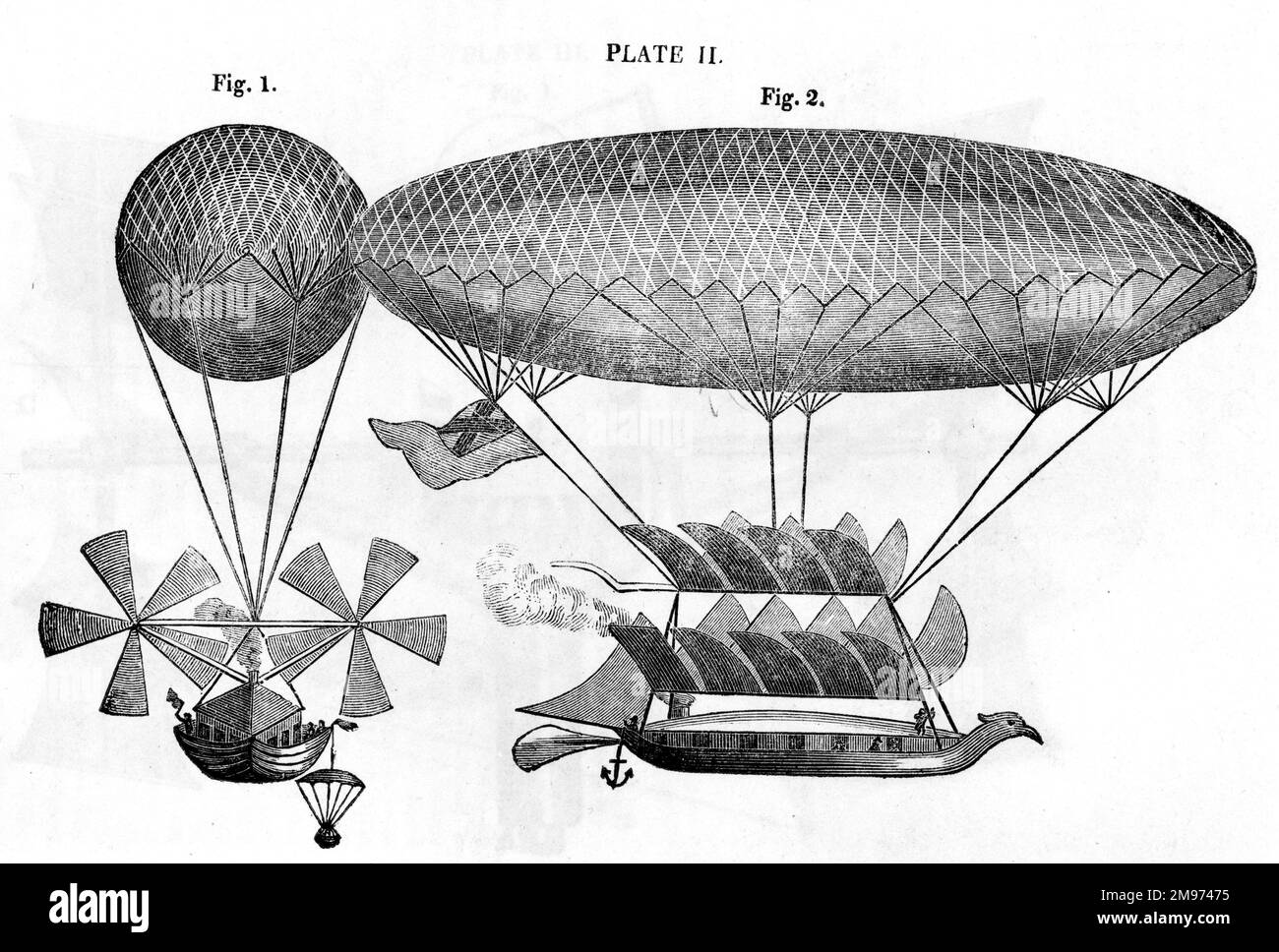George Cayleys drittes Design für ein Luftschiff, das eine Sicht von links nach oben mit Luftschraubenantrieb und von rechts nach rechts mit Flügelantrieb zeigt. 1817. Hier mit Gravur vom 4. März 1837 dargestellt. Stockfoto