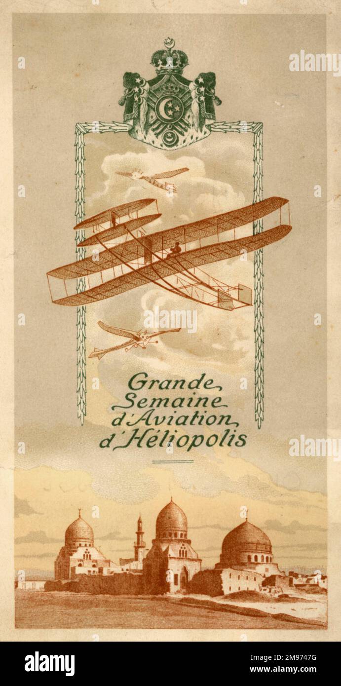 Das Treffen von Grande Semaine d’Aviation, das im Februar 1910 in Heliopolis bei Kairo stattfand. Diese vom Aero Club of Egypt organisierte, bemerkenswerte, einwöchige Veranstaltung zog 13 Teilnehmer an, darunter Hauvette-Michelin (Antoinette VII), Jacques Balsan (Blériot XI), Henri Rougier (Voisin) und Hans Grade (Monoplane), die um eine Reihe von Preisen für Entfernung, Geschwindigkeit und Höhe wetteifern. Stockfoto