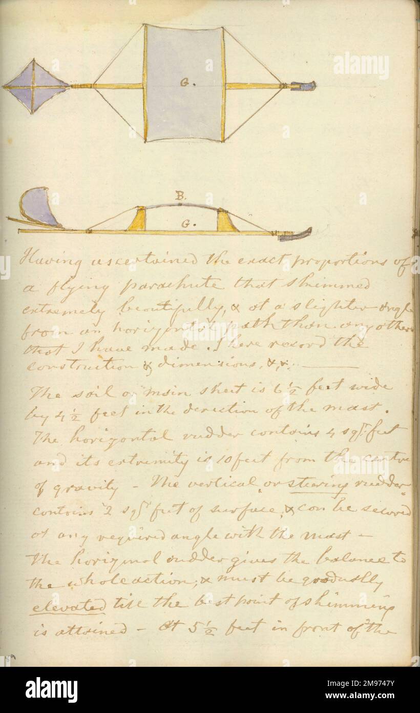 Plan- und Seitenansichten des verbesserten Reitrudergleiter-Modells. 1853. Aus Cayleys Original-Notizbuch. Stockfoto