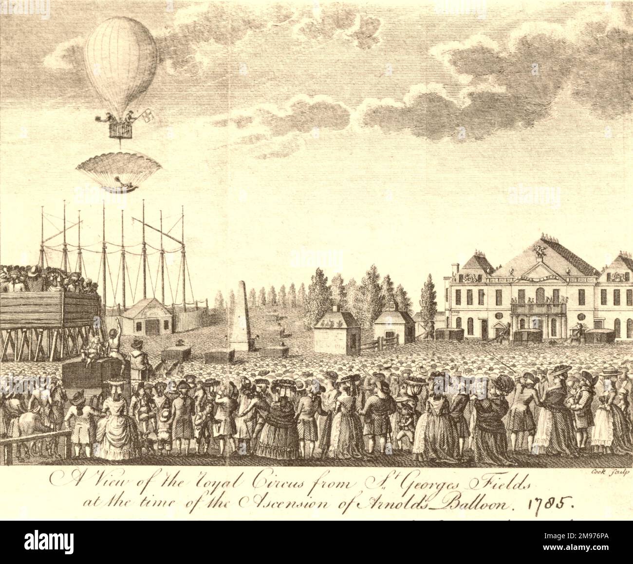 Schild mit „A View of the Royal Circus from St Georges Fields at the Ascension of Arnold’s Balloon. 1785.“ Stockfoto