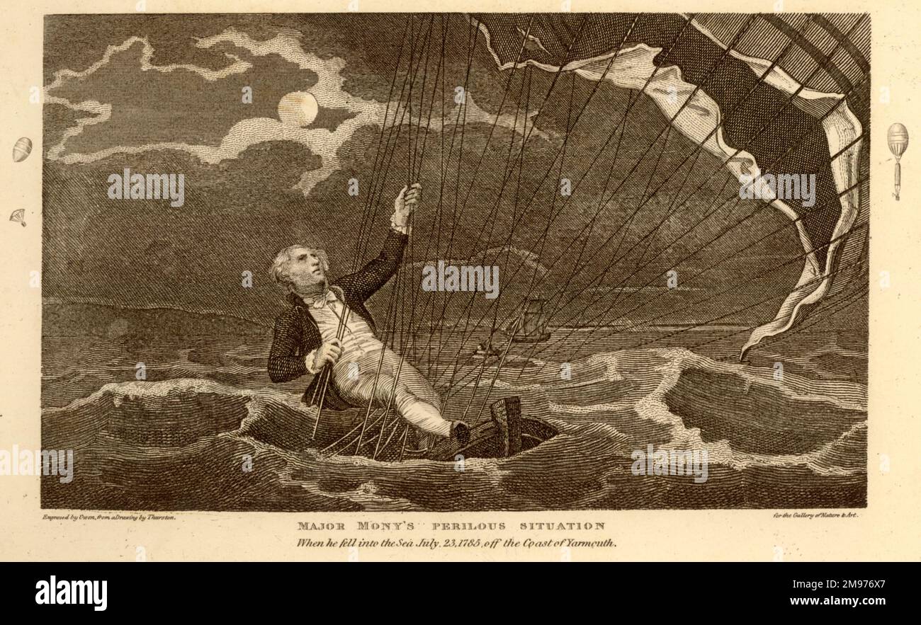 Schild mit der Aufschrift „große Geldmenge in Gefahr“. Als er am 23. Juli 1785 vor der Küste von Yarmouth ins Meer fiel. Aus der Polehampton's Gallery of Art and Nature. Stockfoto