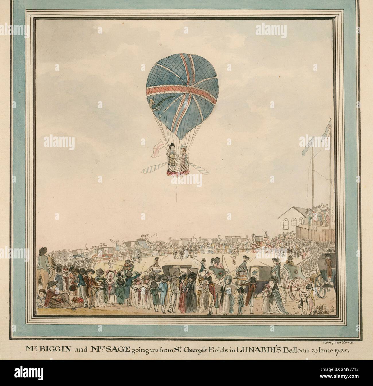 Georgiana Keate (1770-1850) - Herr Biggin und Frau Sage von St. George's Fields in Lunardis Ballon am 29. Juni 1785. (C.F.A. Pierce Kollektion] Stockfoto