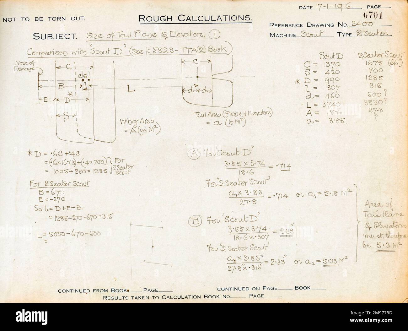 Barnwell-Notizbuch für einen 2-Sitzer-Scout. Seite 1: Größe der Heckscheibe und Elevatoren 1. 17. Januar 1916 Stockfoto