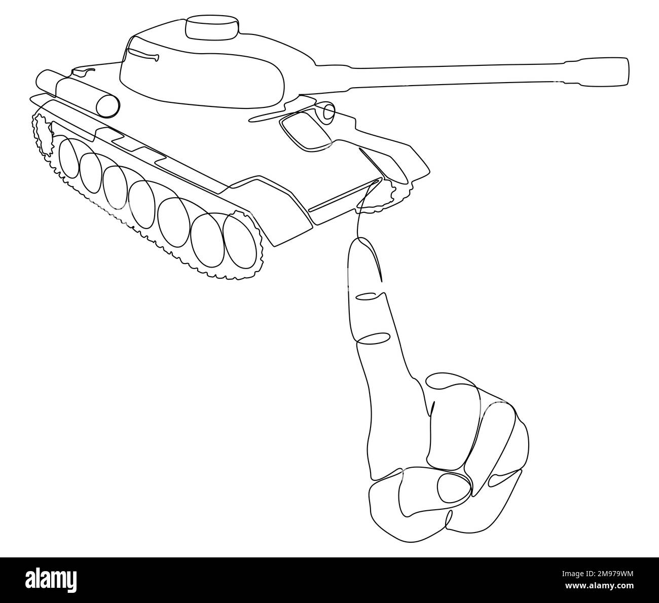 Eine durchgehende Linie Zeigefinger zeigt auf Panzer. Vektorkonzept zur Eine durchgehende Linie Zeigefinger zeigt auf Panzer. Vektorkonzept zur