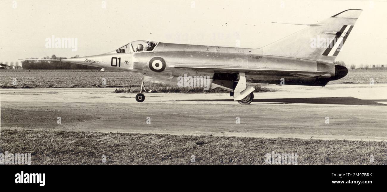 Dassault Mirage I hat einen SEPR 66-Raketenmotor unter dem hinteren Rumpf eingebaut. Stockfoto