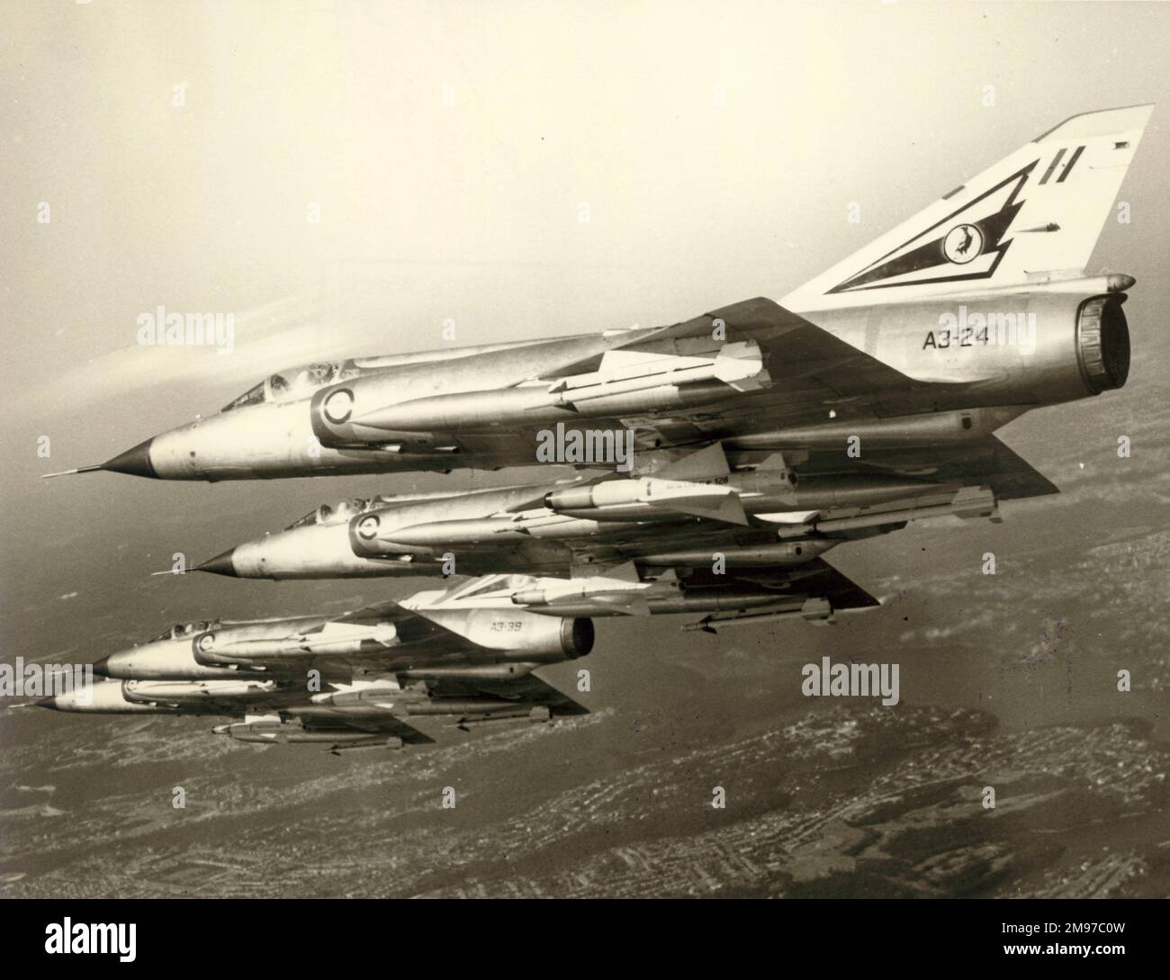 Vier in Australien gebaute RAAF Dassault Mirage III-OS, einschließlich A3-24 und A3-39. Stockfoto