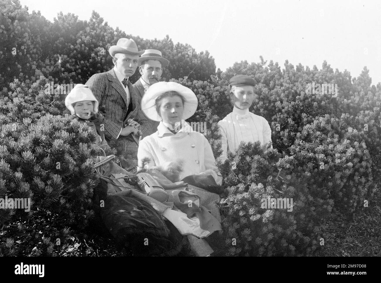 Gruppe in Sträuchern auf Schneeberg, Österreich, posiert für ein Porträt in einer ungewöhnlichen Umgebung Stockfoto