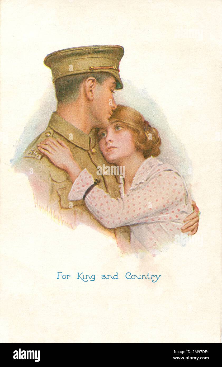 Ein Soldat aus dem Ersten Weltkrieg umarmt seinen Schatz, während er sich auf den Kampf „für König und Vaterland“ vorbereitet. Stockfoto