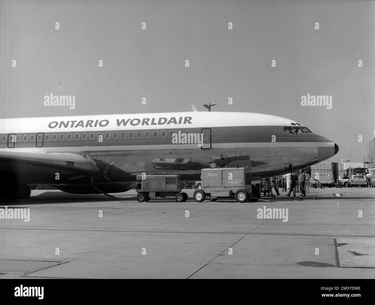 Nase einer Boeing 707-338 C-GRYN aus Ontario Worldair in Sydney um 1979 Uhr Stockfoto