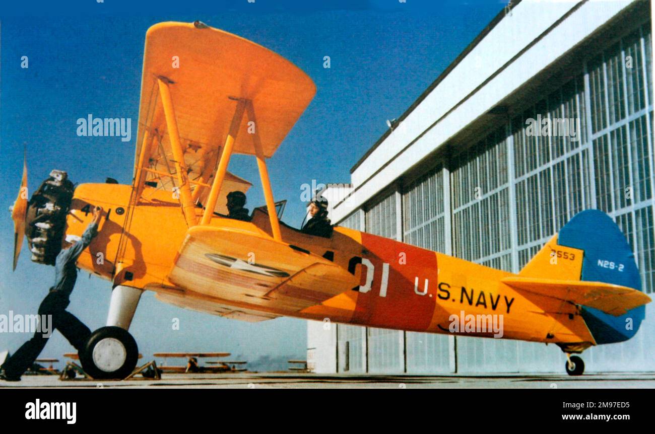 Boeing Stearman N2S-2 in Corpus Christi, Texas, im Jahr 1943 Dies und das US Army PT-13-Äquivalent waren entscheidend für die Ausbildung von US-Piloten in Kriegszeiten. Stockfoto