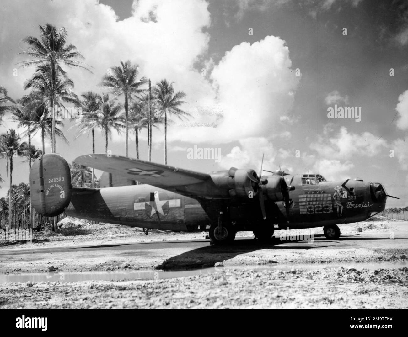 Konsolidierter B-24D-Liberator - Hier in den Palmen des Pazifiks gezeigt, war die große Reichweite des Liberators ein wichtiger Aktivposten, da das Flugzeug sowohl von der US-Armee und der Marine als auch von der RAF genutzt wurde. Stockfoto