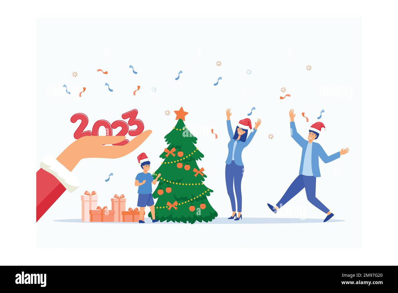 Santa Claus Hand gibt 2023-Jahres-Zahlen. Glückliche Familie in der Nähe des traditionellen Weihnachtsbaums, weihnachtsfeier. Neujahr, Winterferien, horizontales Banner Stock Vektor