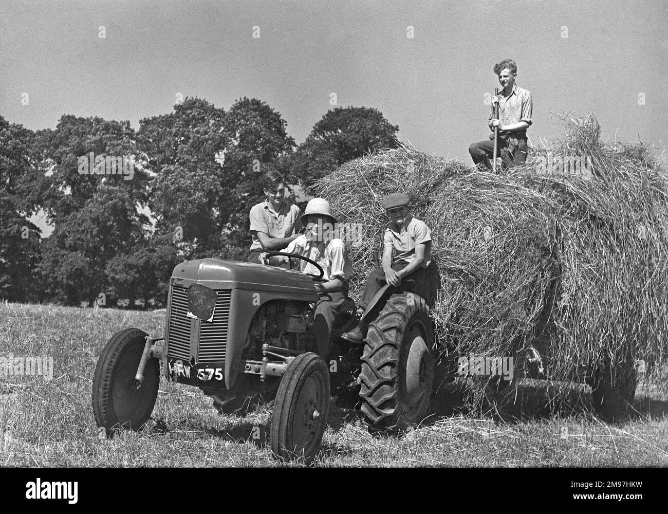 Vier Personen mit einem Traktor auf einem Feld, die Heu transportieren. Stockfoto