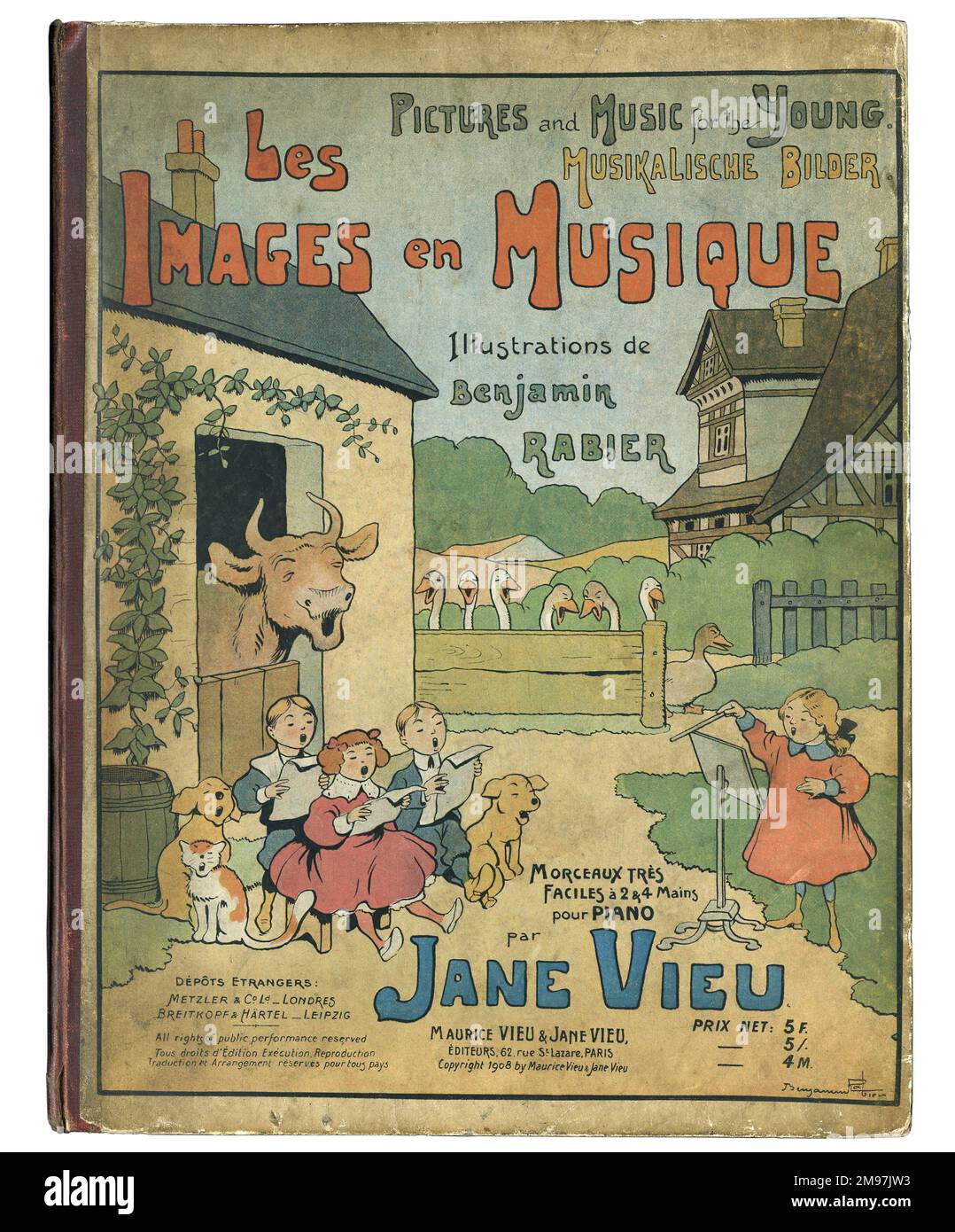 Cover-Design, Les Images en Musique, mit Illustrationen von Benjamin Rabier und einfachen Stücken für das Klavier von Jane Vieu. Kinder und Tiere, die auf einem Hof singen. Stockfoto