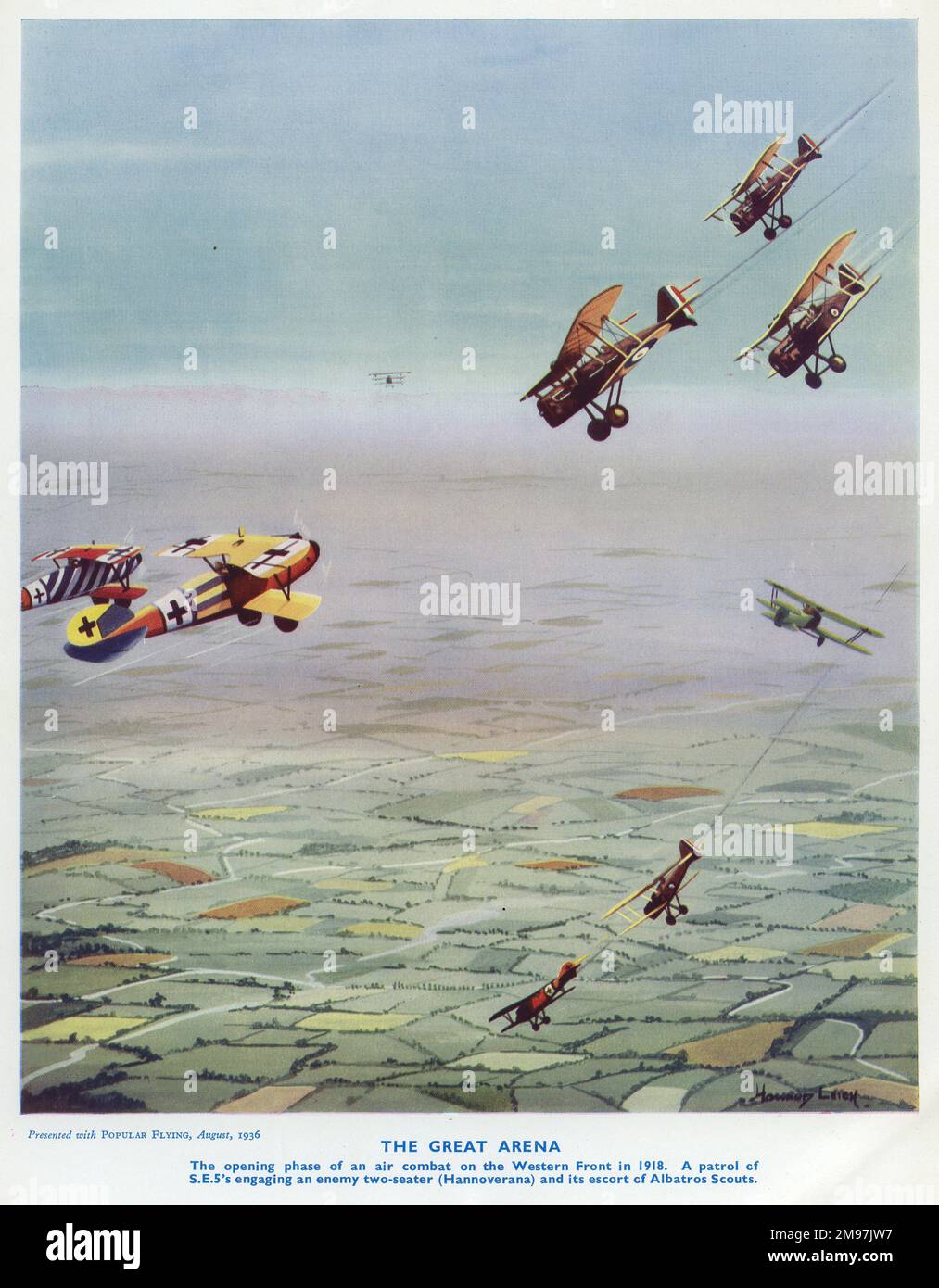 Reproduktion des Coverdesigns einfügen, Popular Flying, The National Aviation Paper, August 1936. Die große Arena zeigt die Eröffnungsphase eines Luftkampfes an der Westfront im Jahr 1918, wobei eine Patrouille von SE5s Personen einen gegnerischen Zweisitzer (Hannoverana) und seine Begleitung von Albatros Scouts angreift. Stockfoto
