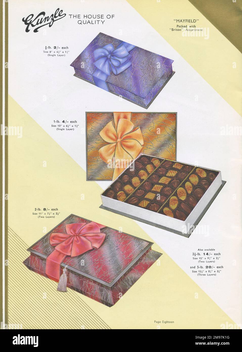 Eine Seite aus einem Katalog, Kunzle Chocolate List, in der die Mayfield-Stil luxuriöser Präsentationsboxen in verschiedenen Formen und Größen gezeigt wird. Stockfoto