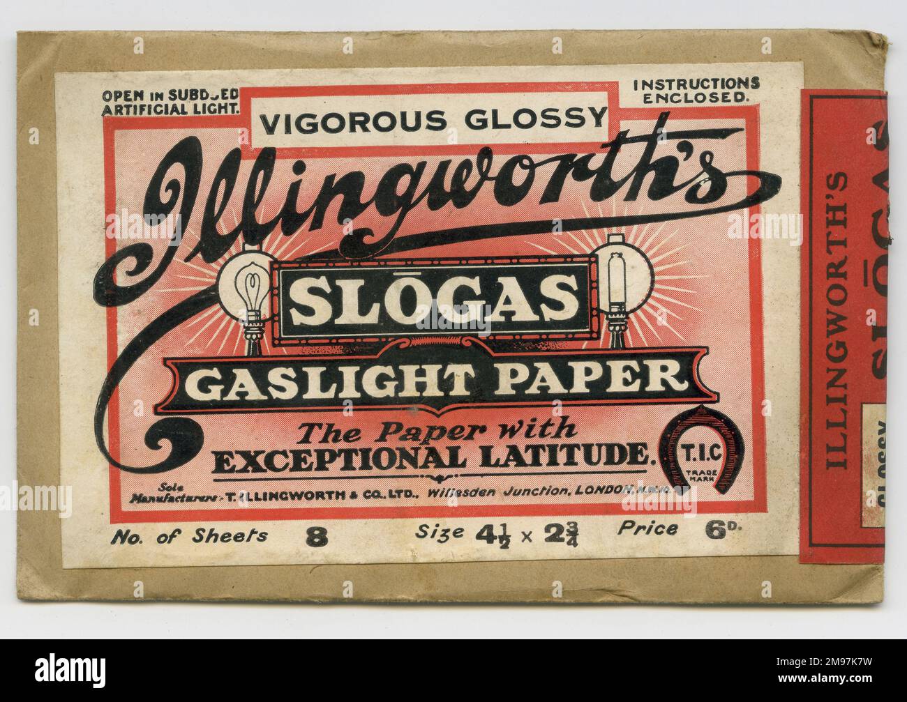 Etikett auf einem Umschlag: Illingworths Slogas Gaslight Paper von T Illingworth & Co Ltd, Willesden Junction, NW London. Acht Laken, Preis 6 Pence. Stockfoto