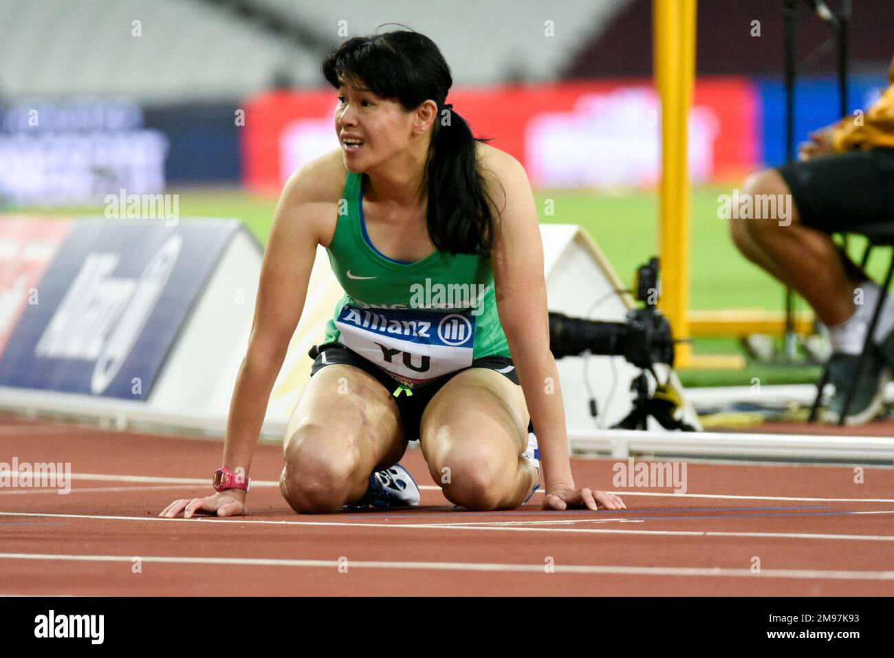 Chun Lai Yu, nachdem er das 200m T36-km-Rennen bei der World para Athletics Championships 2017 im Olympiastadion in London, Großbritannien, absolviert hatte. Hongkong-Para-Athlet Stockfoto