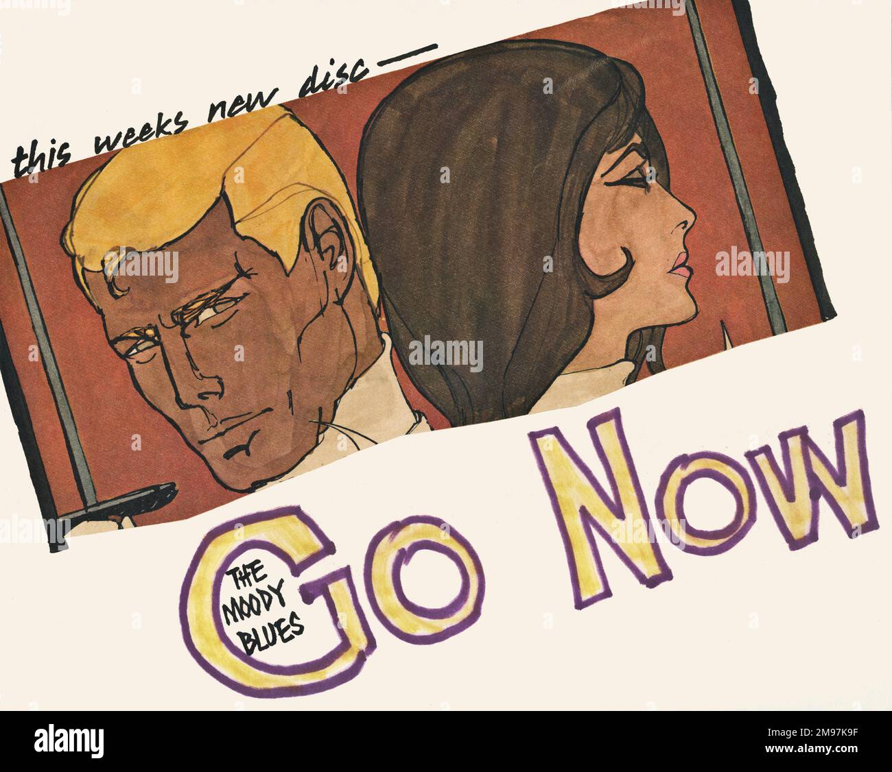 Poster im Stripcartoon-Stil mit der neuen Disc „Go Now“ des Moody Blues. Er wurde Ende 1964 veröffentlicht und erreichte Ende Januar 1965 die Spitze der Charts. Stockfoto