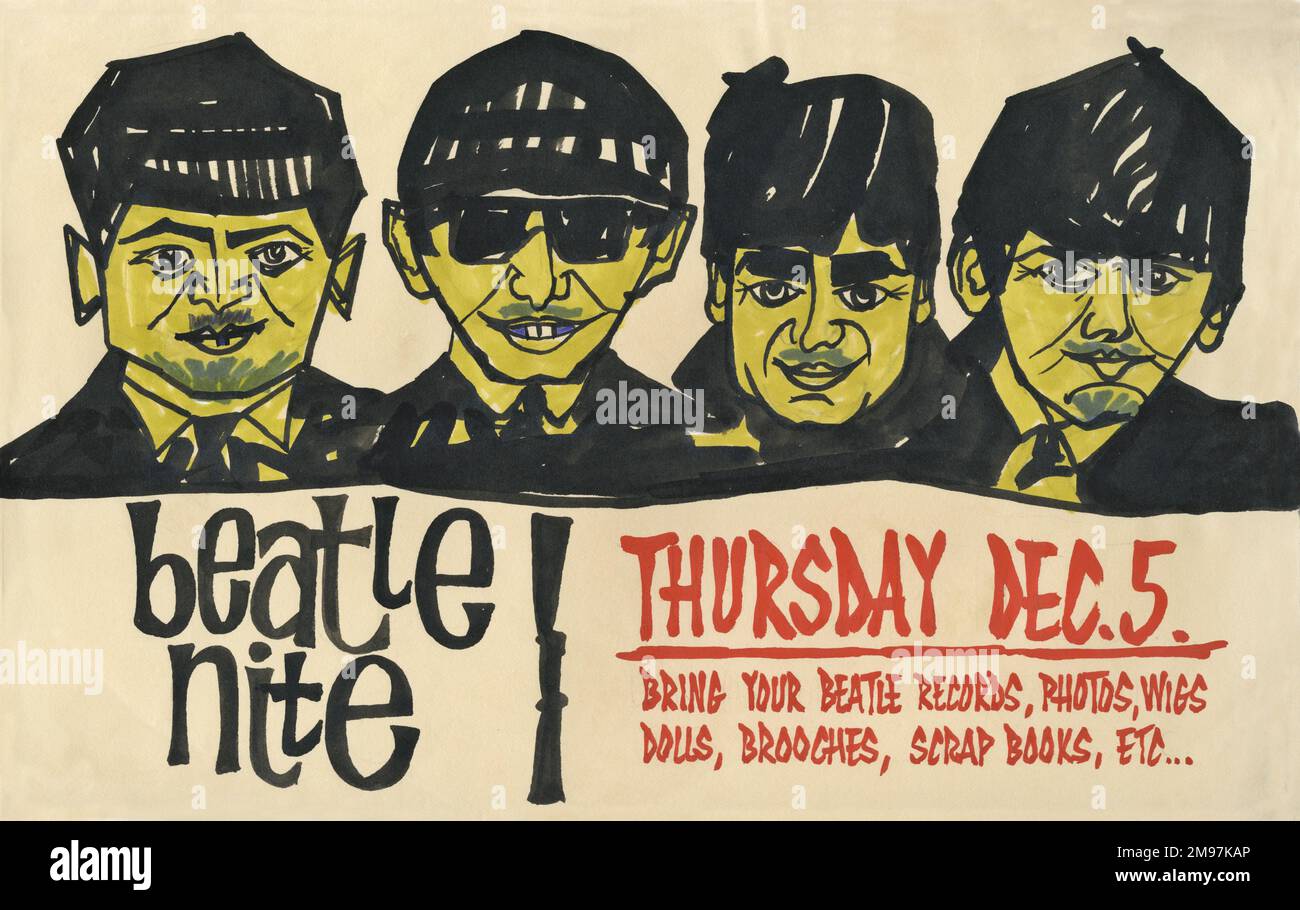 Jugendclub-Poster, das für einen Beatles-Abend wirbt -- bringen Sie Ihre Beatle-Platten, Fotos, Perücken, Puppen, Broschen, Schrottbücher usw. Stockfoto