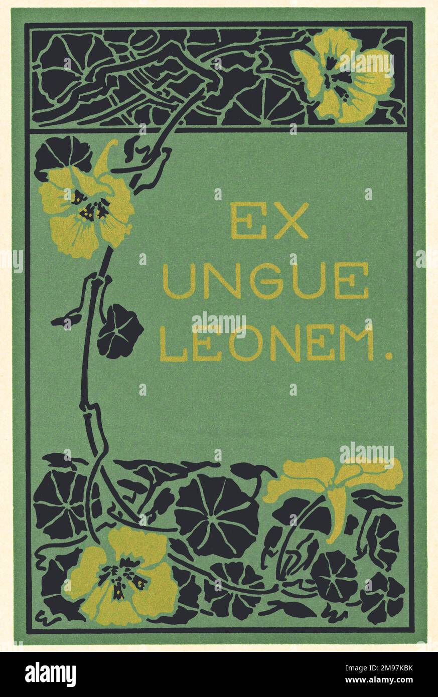 Jugendstildesign mit lateinischem Sprichwort: Ex Ungue leonem (Wir kennen den Löwen an seiner Klaue). Stockfoto