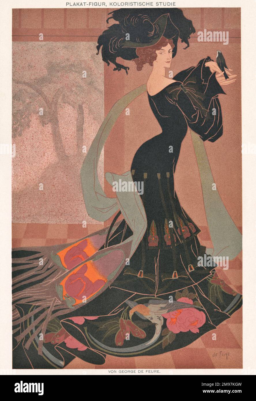 Posterdesign, Farbstudie von Georges de Feure (Georges Joseph van Sluijters, 1868-1943), mit einer Frau in einem eleganten und farbenfrohen Kostüm. Stockfoto