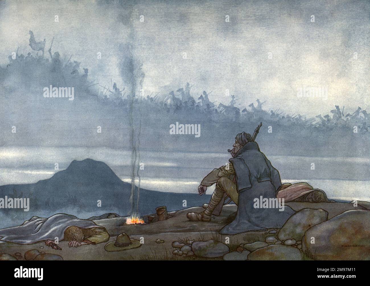 Illustration to A Song of the English, ein patriotisches Gedicht von Rudyard Kipling (erstmals im English Illustrated Magazine veröffentlicht). Folgt nach -- folgt nach -- denn die Ernte ist gesät: Bei den Knochen am Wegesrand werdet ihr selbst kommen! Zwei Männer an einem Lagerfeuer mit einer gespenstischen Armee, die vorbeizieht. Ein Mann sieht sich die Erscheinung an, der andere schläft oder ist tot. Stockfoto