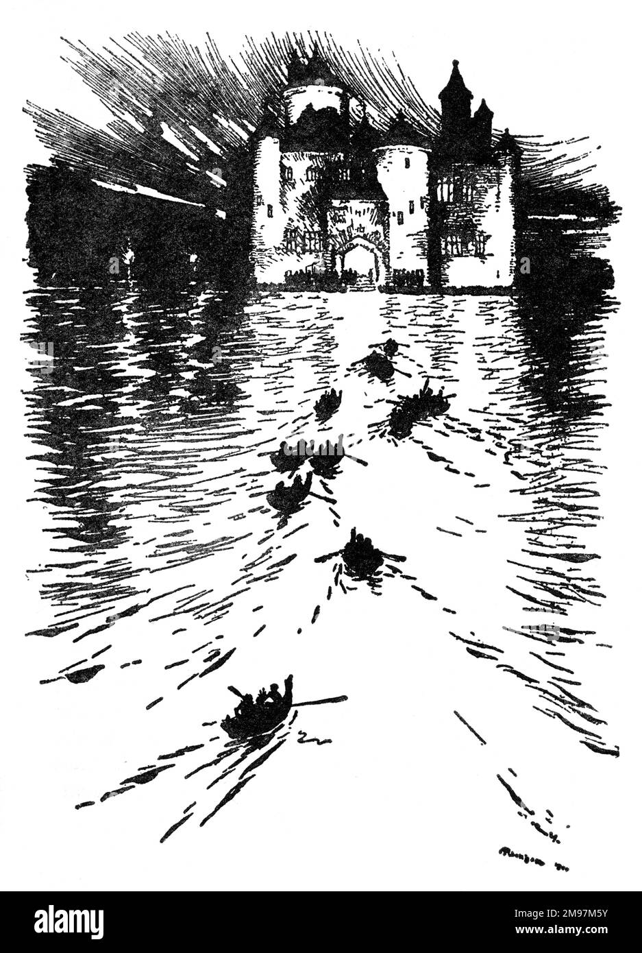 Illustration, die zwölf tanzenden Prinzessinnen -- auf der gegenüberliegenden Seite des Sees standen ein herrliches, hell erleuchtetes Schloss. Stockfoto
