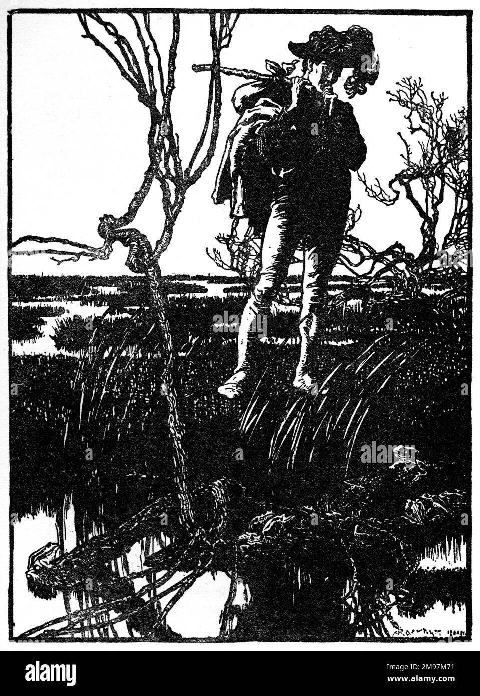 Illustration, die drei Sprachen -- auf seinem Weg fuhr er an einem Sumpf vorbei und hörte dem Krümmen der Frösche zu. Stockfoto