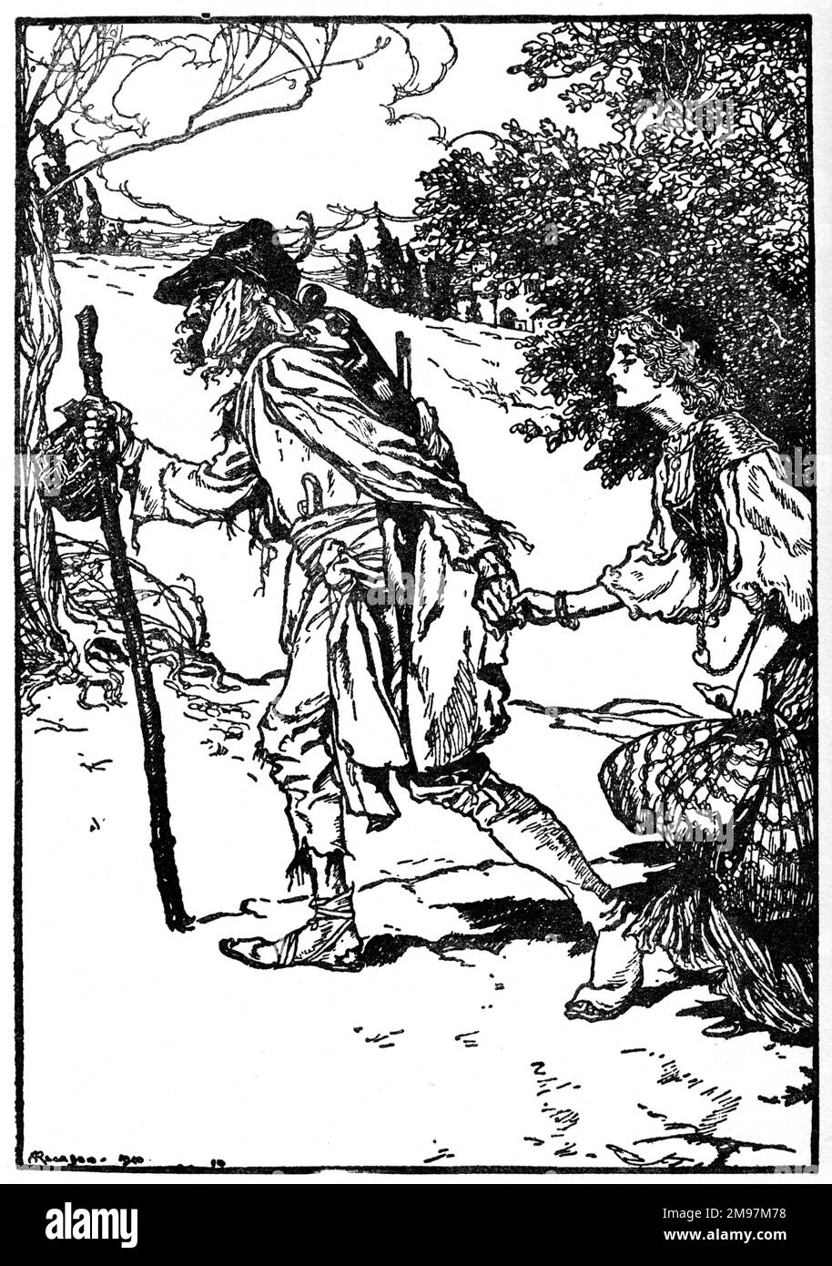 Illustration, König Dhrushbeard -- der Bettler nahm die Prinzessin an der Hand und führte sie mit ihm zu Fuß fort. Stockfoto