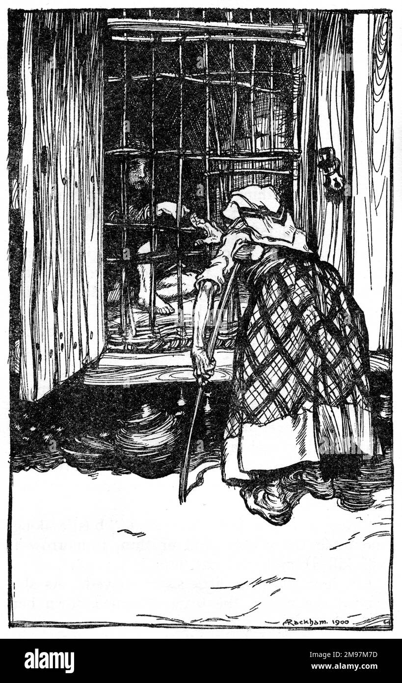 Illustration, Hänsel und Gretel -- Hänsel, Streck deinen Finger aus, damit ich fühle, wie fett du bist. Stockfoto