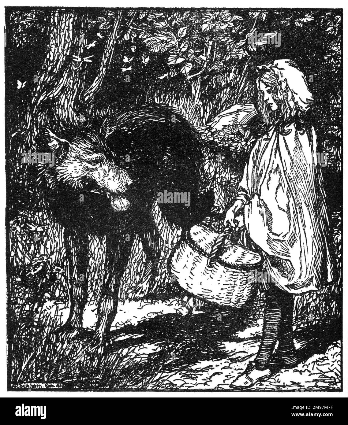 Illustration, Rotkäppchen -- als sie im Wald ankam, traf sie einen Wolf. Stockfoto