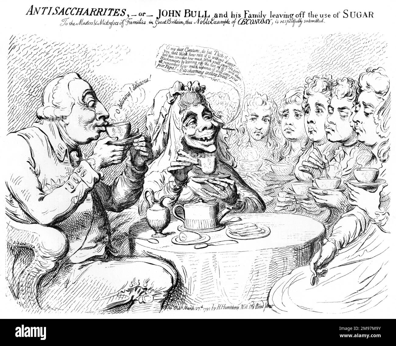 Cartoon, Anti-Sacchariten, oder John Bull und seine Familie, die die Verwendung von Zucker aufgeben, von James Gillray. John Bull und seine Frau (eigentlich König George III. Und Königin Charlotte) zeigen, wie sie versuchen, zu sparen, indem sie Zucker in ihren Tee geben, was den Rest der Familie unglücklich macht. Stockfoto