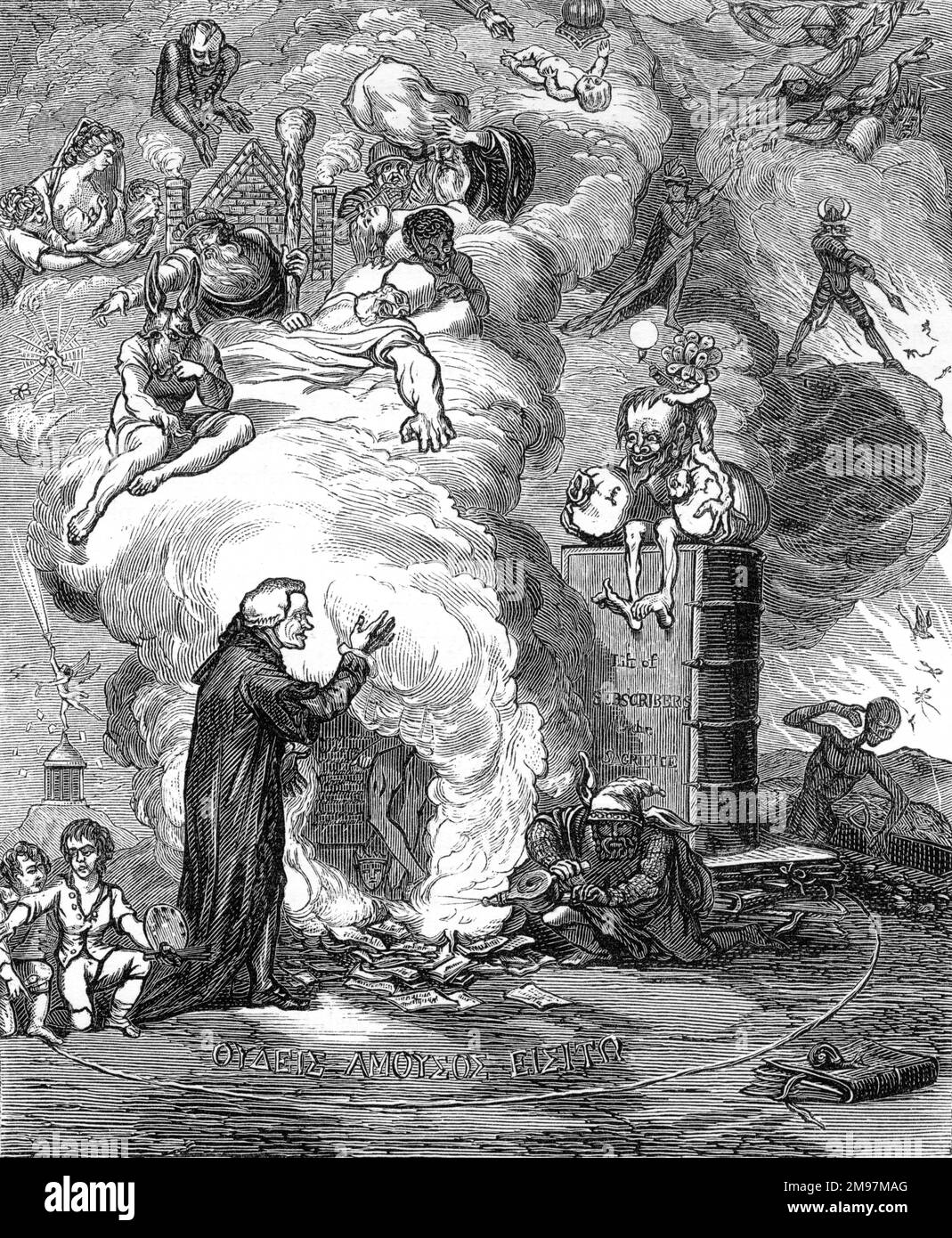 Cartoon, Shakespeare geopfert, oder das Opfer für Avarice, von James Gillray. Stadtrat John Boydell, Gravierer und Verleger, in der Rolle von Prospero, der seine Bücher verbrennt, mit Figuren aus Boydells Shakespeare Gallery im Rauch. Stockfoto