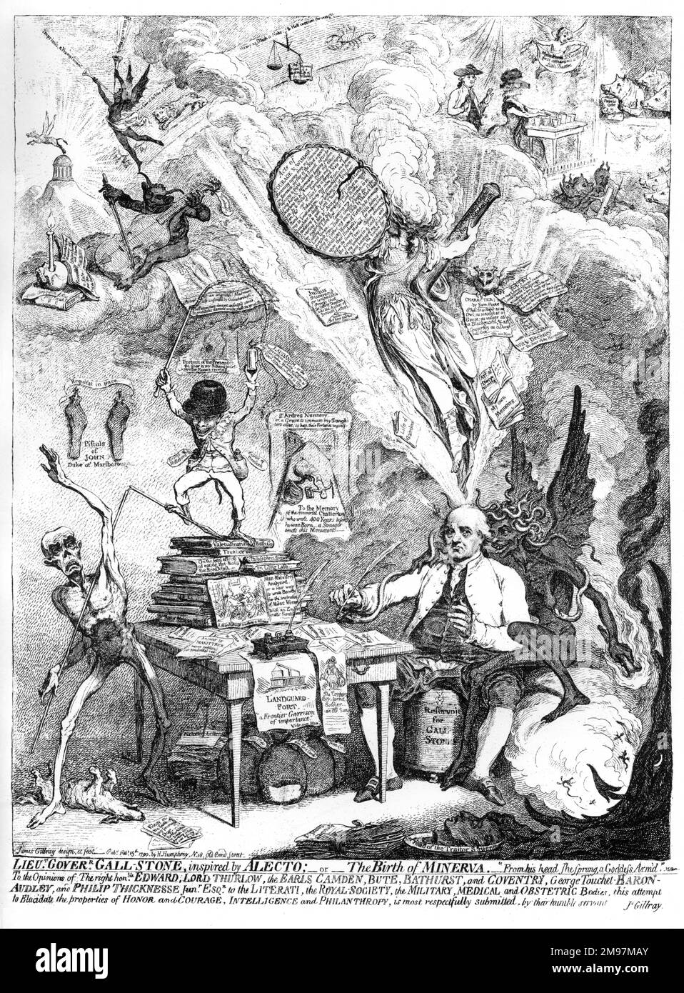 Cartoon, Lieutenant Governor Gall-Stone, inspiriert von Alecto; oder The Birth of Minerva, von James Gillray (veröffentlicht von H Humphrey, 15. Februar 1790). Philip Thicknesse, ehemaliger Gouverneur von Landguard Fort in Suffolk, schreibt an einem Tisch. Er hört Alecto, der schlau in sein Ohr flüstert, während eine Göttin aus seinem Kopf springt. Thicknesse behauptete, den Maler Thomas Gainsborough (ein Freund von ihm) entdeckt zu haben, wurde aber auch wegen Verbrechen wie Erpressung, Erpressung und Verleumdung verdächtigt. Er schrieb Publikationen über Gainsborough sowie über die Hebamme. Stockfoto