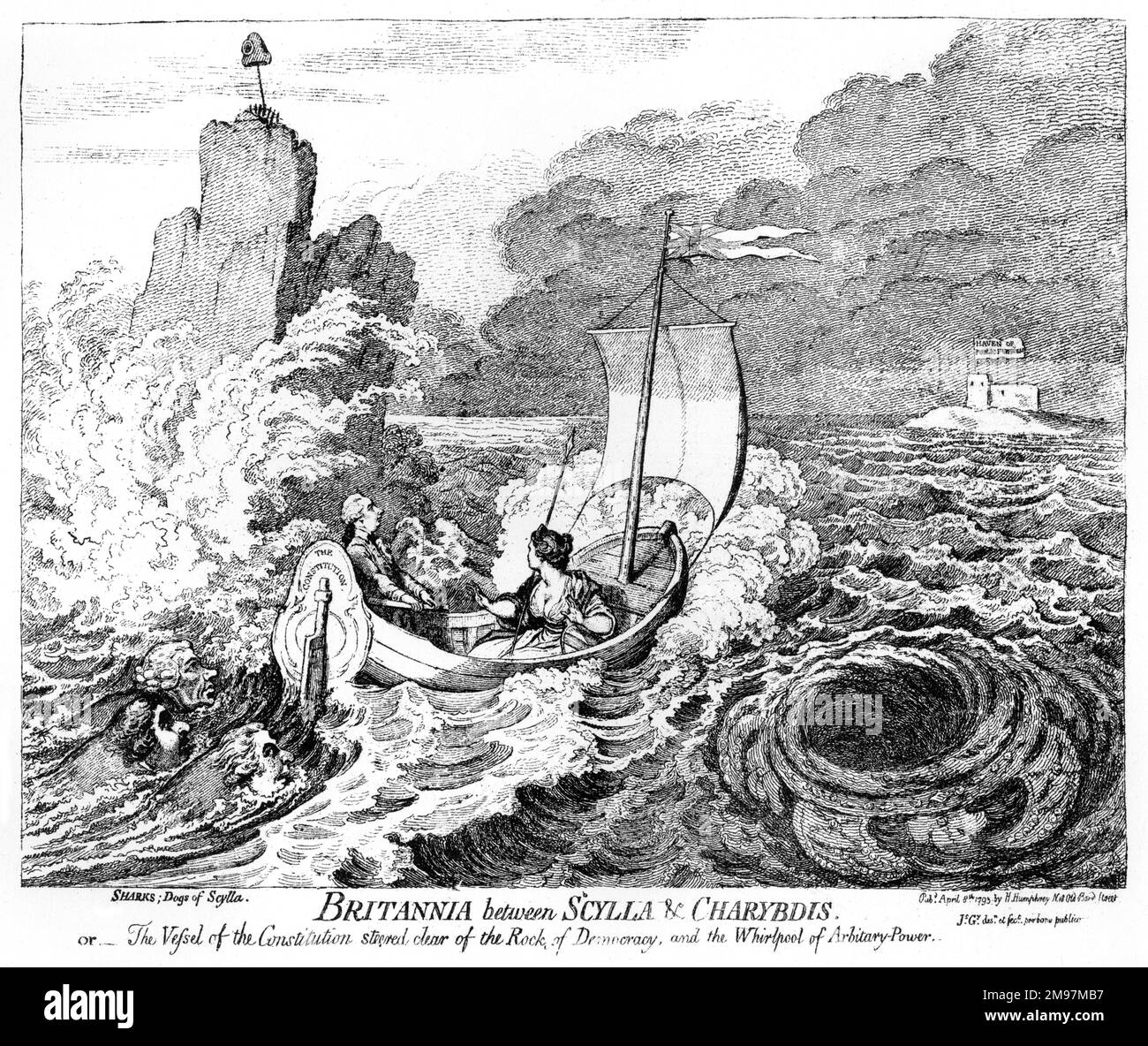 Cartoon, Britannien zwischen Scylla und Charybdis, oder das Schiff der Verfassung, das vom Stein der Demokratie abgekommen ist, und der Whirlpool der willkürlichen Macht von James Gillray. Britannia und den Premierminister William Pitt in einem Segelboot zu sehen. Stockfoto