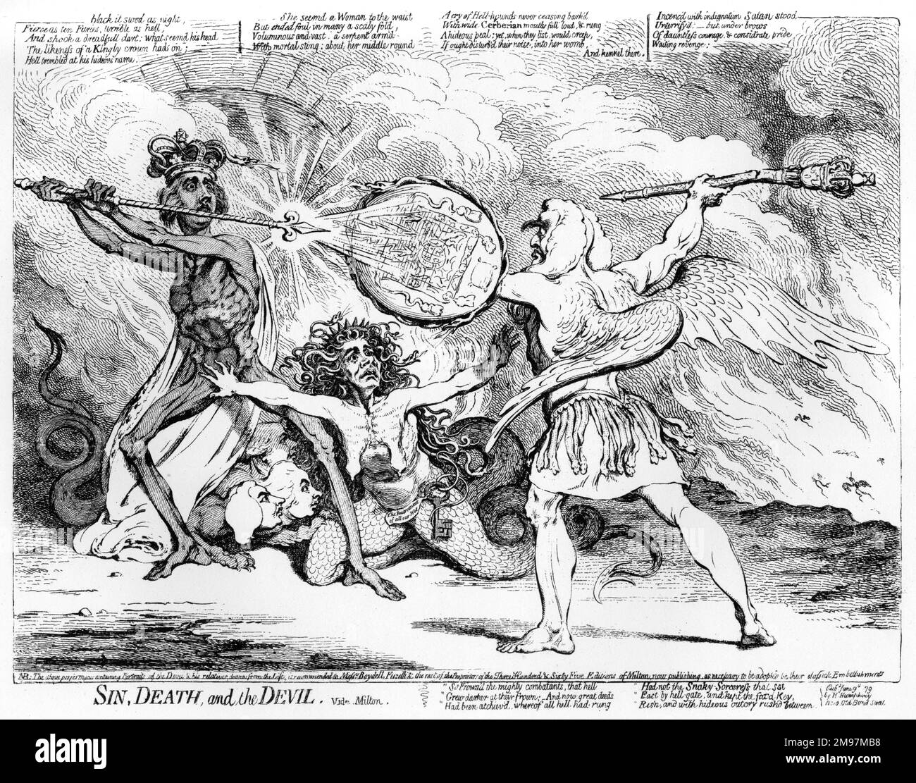 Cartoon, Sünde, Tod und der Teufel, Vide Milton, Von James Gillray. Eine Parodie einer Szene aus John Miltons epischem Gedicht Paradise Lost, in der Premierminister William Pitt (links) als Tod, die Krone des Königs, Lord Kanzler Edward Thurlow (rechts) als Satan und Königin Charlotte (Mitte) als Sünde dargestellt wird. Hinter Pitts Füßen ist der dreiköpfige Hund Cerberus mit den Gesichtern von Dundas, Grenville und Richmond. Stockfoto