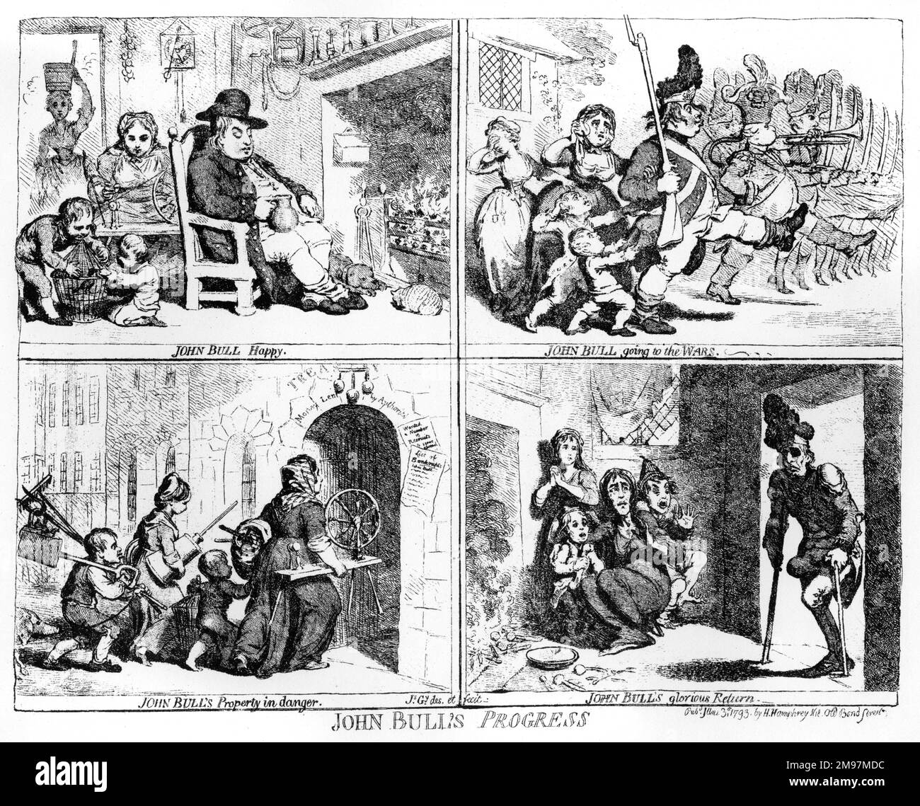 Cartoon, John Bulls Fortschritt, von James Gillray. Der Cartoon zeigt John Bull in vier Szenen: John Bull Happy, John Bull Going to the Wars, John Bull's Property in Danger und John Bull's Glorious Return. Stockfoto