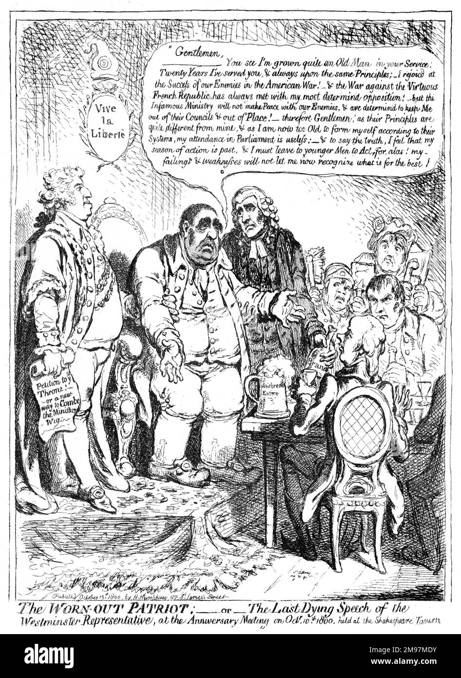 Cartoon, der abgenutzte Patriot, oder die letzte sterbende Rede des Westminster Repräsentanten, auf dem Jahrestagstreffen am 10. Oktober 1800 in der Shakespeare Tavern von James Gillray. Charles James Fox, Whig-Führer, mit dem Lord Mayor of London (Harvey Christian Combe), Erskine, Grey und Tierney. Ironischerweise hält Fox eine Rede, in der sein Fehlen von Patriotismus deutlich wird. Stockfoto