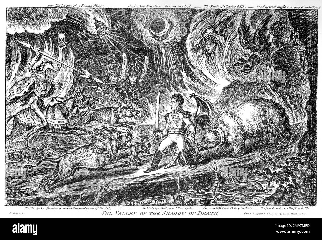 Cartoon, das Tal des Schattens des Todes, von James Gillray. Die Darstellung Napoleons (ironischerweise in der Rolle von John Bunyans Pilger Christian), der sich einer Reihe von Problemen stellen muss, wie einem römischen Meteor und Aggressionen aus Großbritannien, der Türkei, Sizilien, Spanien, Portugal, Holland, Amerika, Deutschland, Preußen und Russland. Dieser Cartoon wurde inspiriert von den Nachrichten über Sir Arthur Wellesleys Sieg über Napoleons Truppen in Portugal (21. August 1808). Stockfoto