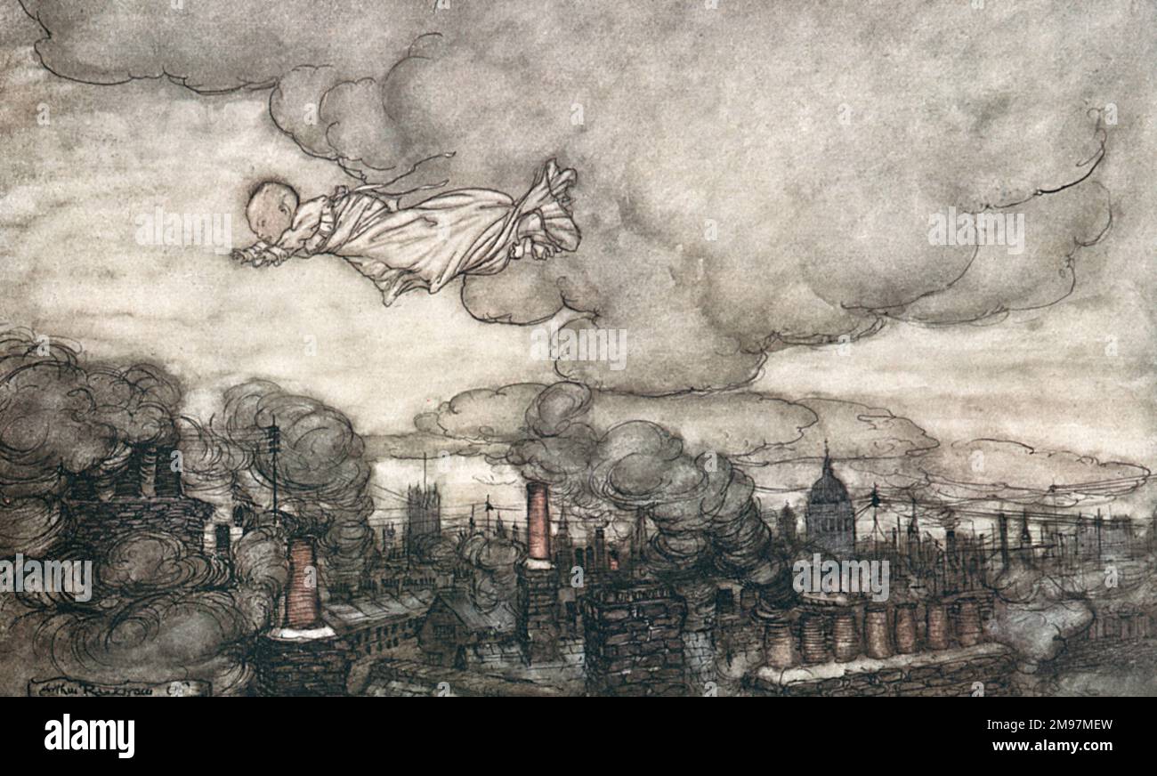 Illustration, Peter Pan in Kensington Gardens, von Arthur Rackham -- er flog weg, direkt über die Häuser zu den Gärten. Stockfoto