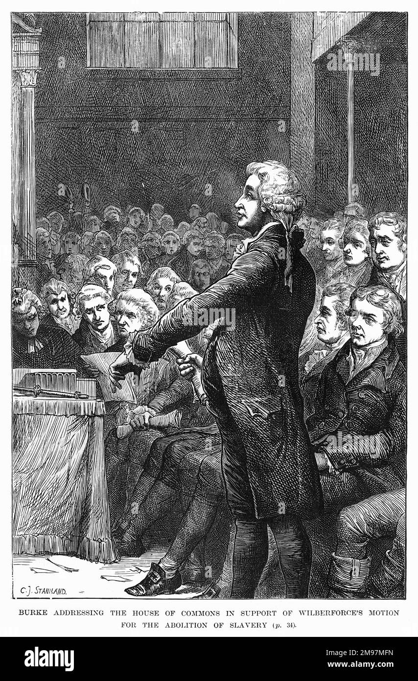 Edmund Burke spricht im Unterhaus, um William Wilberforces Antrag auf Abschaffung der Sklaverei zu unterstützen. Stockfoto