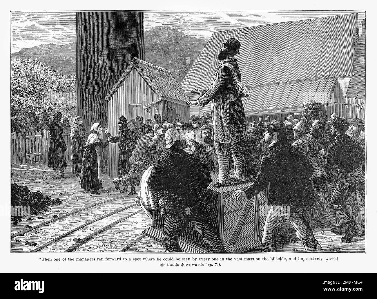 Tynewydd-Colliery-Katastrophe, bei Pontypridd, Wales. Am Nachmittag des 11. April 1877 wurde die Mine unerwartet überflutet. Während der Rettungsaktion steht einer der Manager auf einer Holzkiste, um mit Menschenmengen zu sprechen, die sich am Hang versammelt haben. Stockfoto