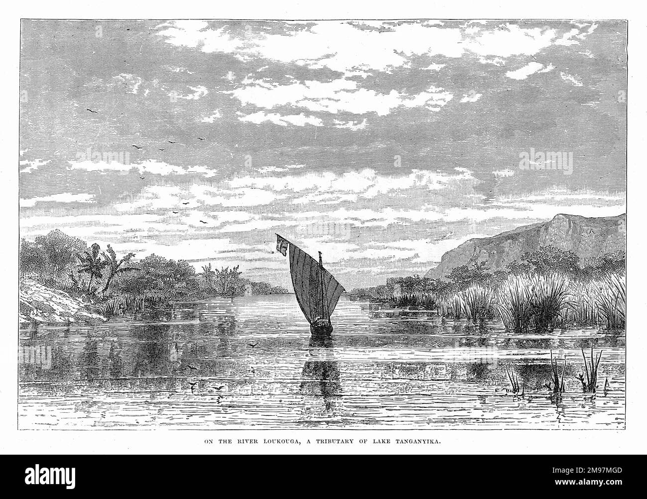 Blick auf ein Segelboot auf dem Fluss Loukouga (Lukuga), einem Nebenfluss des Lake Tanganyika, Afrika, zur Zeit der Expedition von John Hanning Speke, um die Großen Seen Ostafrikas zu entdecken. Stockfoto