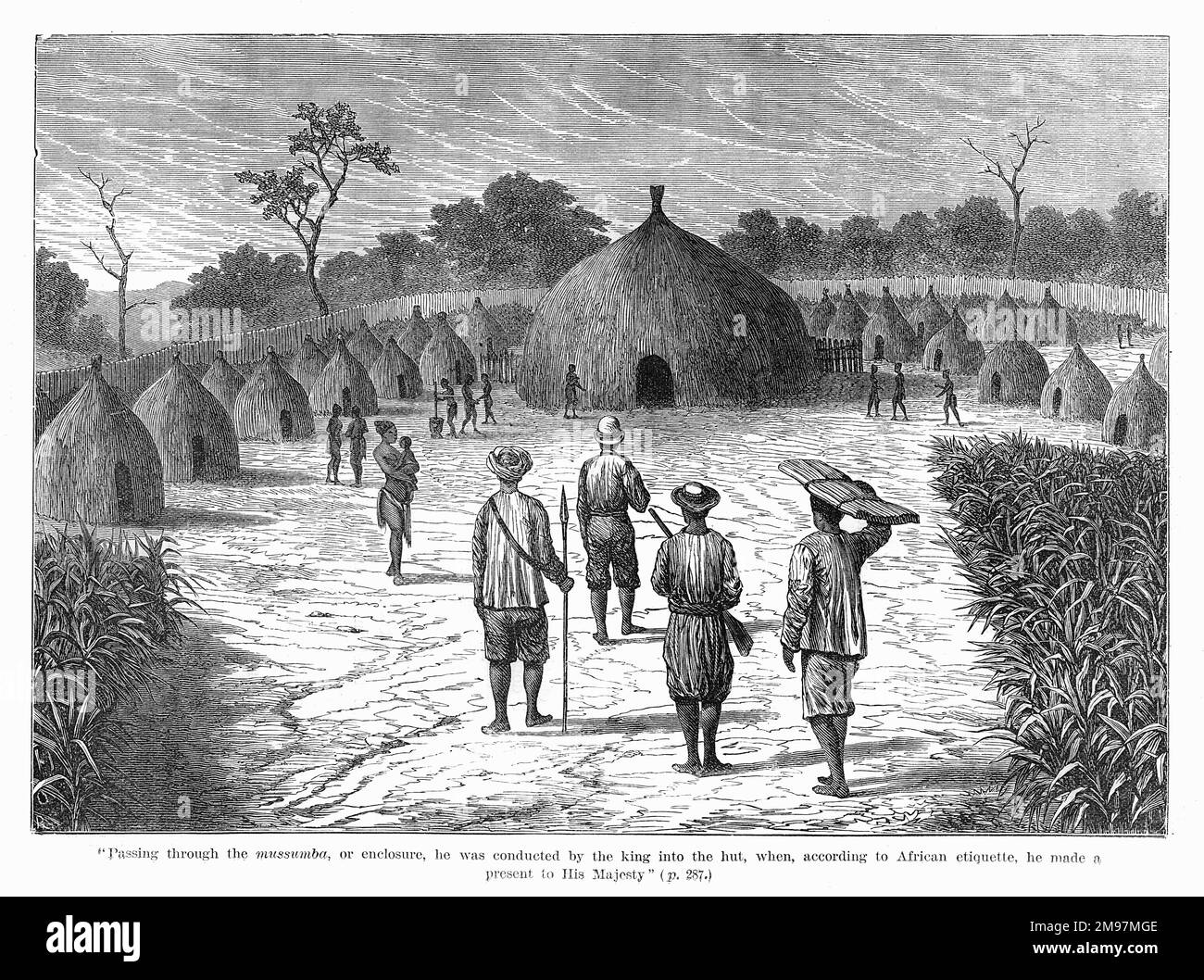 Verney Lovett Cameron (1844-1894), Reisender in Zentralafrika, der erste Europäer, der das Äquatorialafrika von Küste zu Küste durchquert. Hier sah man, wie er sich der Hütte von Kasonga näherte, einem lokalen König, der seinen Fortschritt um mehrere Wochen verzögerte. Stockfoto