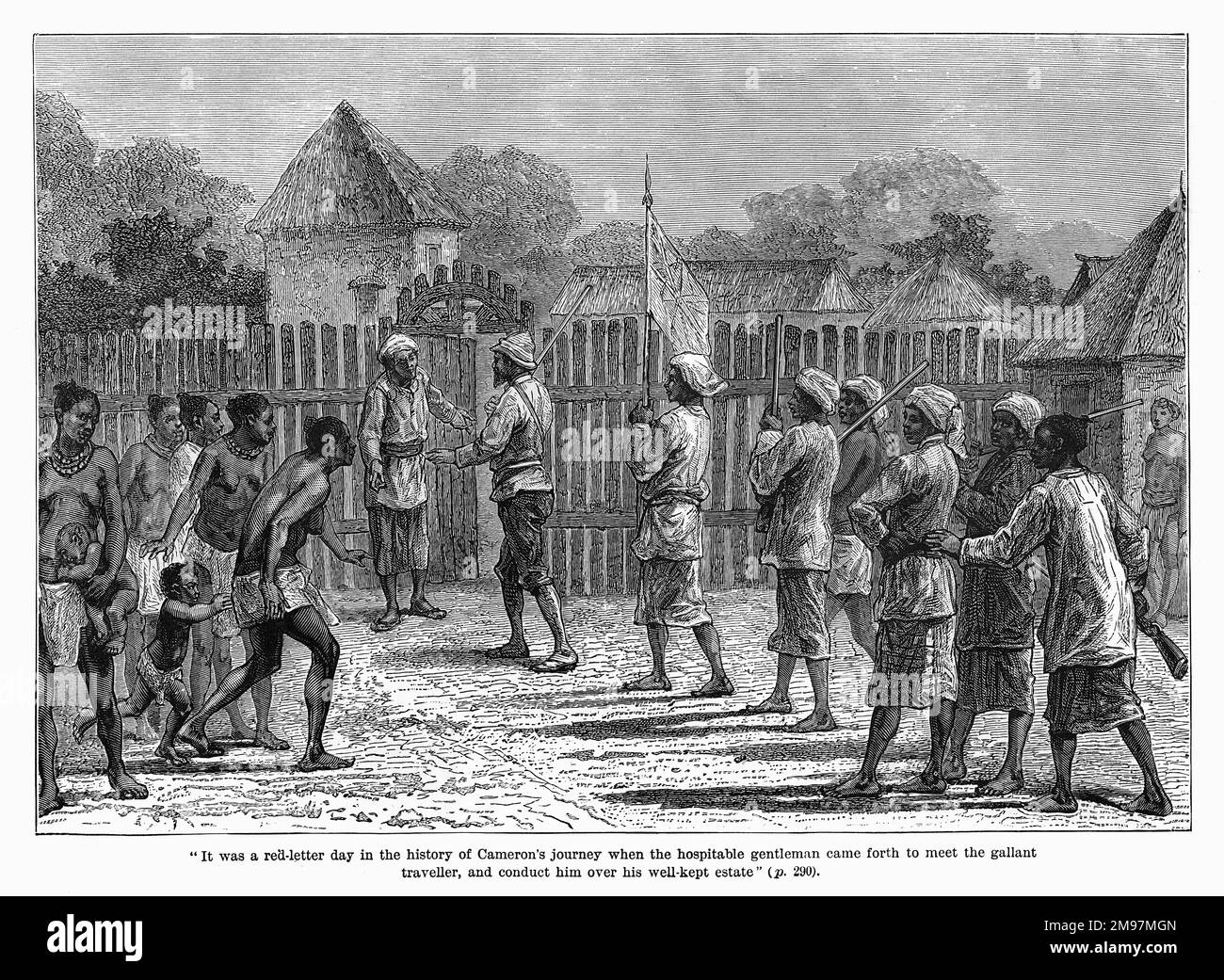 Verney Lovett Cameron (1844-1894), Reisender in Zentralafrika, der erste Europäer, der das Äquatorialafrika von Küste zu Küste durchquert. Hier sehen Sie das Haus eines gastfreundlichen portugiesischen Siedlers, Senhor Goncalves. Stockfoto